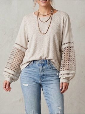See And Be Seen Boho Lace Sleeve Balloon Sleeve Top Oatmeal Neutral Medium